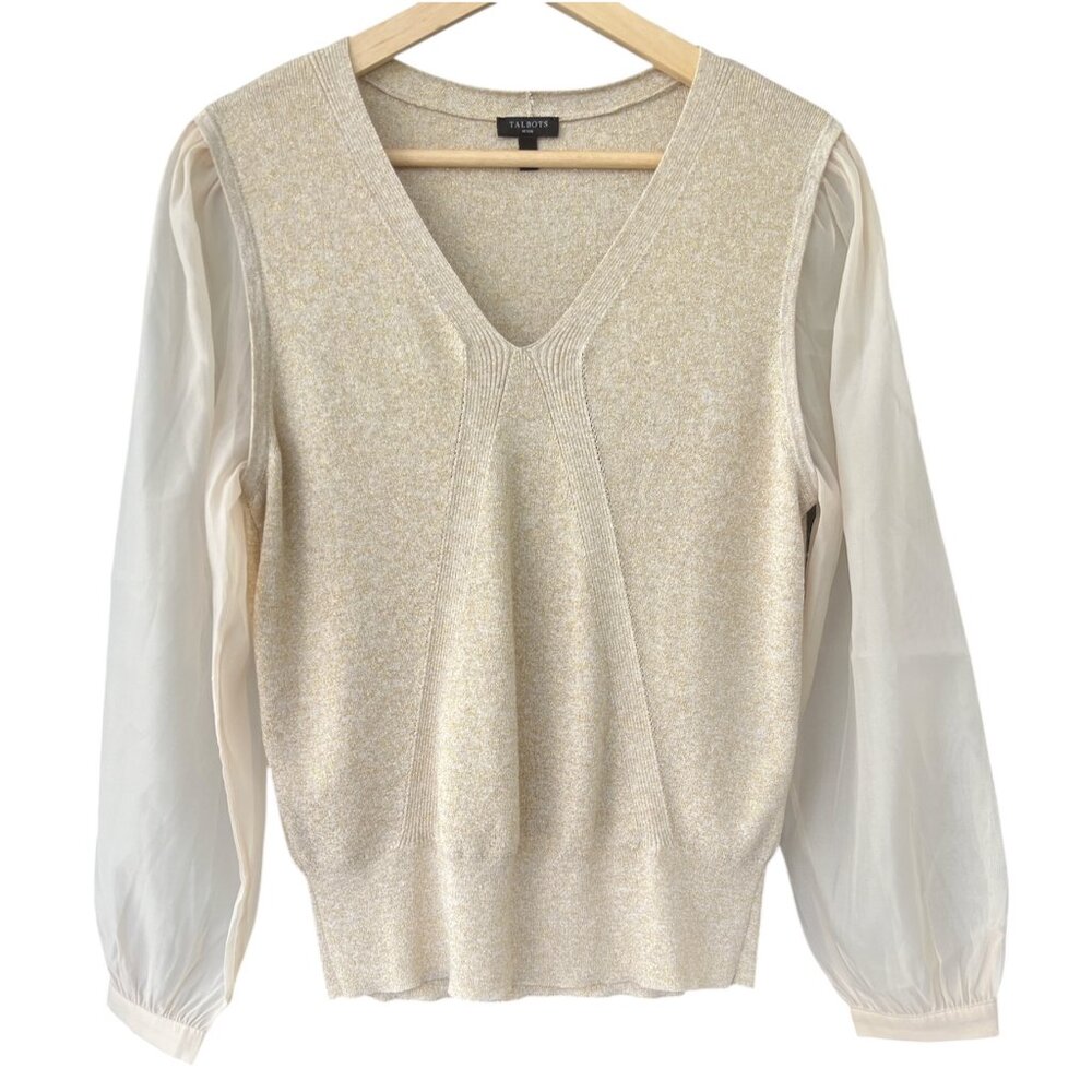 Talbots Petite Top Sheer Sleeve V-Neck Pullover Size Large PETITE Metallic Gold